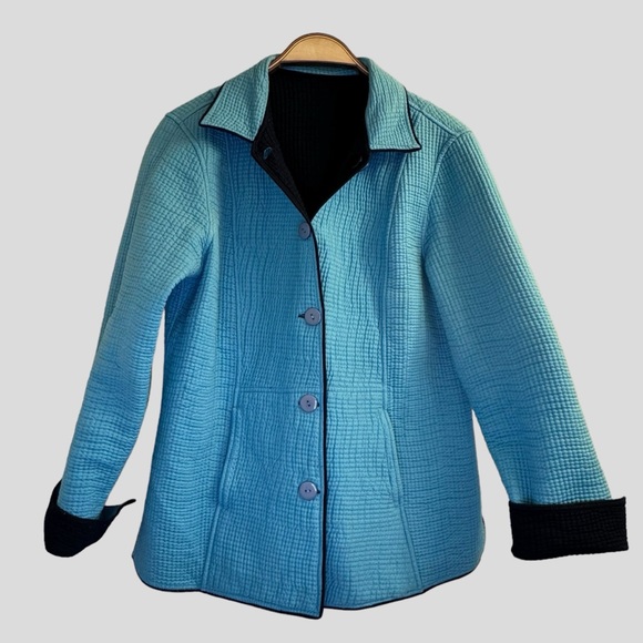 Women’s Jacket L Quilted Reversible Navy Blue Turquoise - Picture 9 of 14